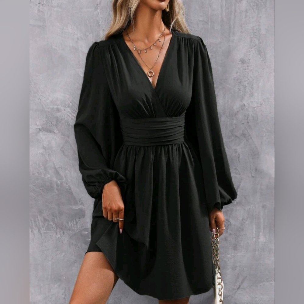 * NEW Chic Ruched Waist Lantern Sleeve Dress Black - Picture 2 of 12